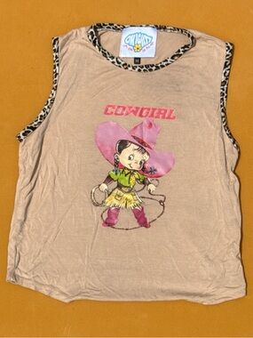 omighty Tan Cowgirl Graphic Tank with Pink Accents